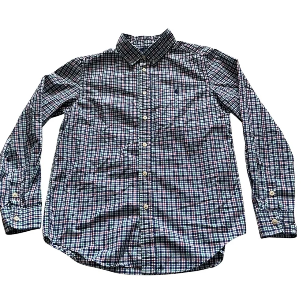 Ralph Lauren Junior plaid blue pink button up long sleeve shirt large (14-16)